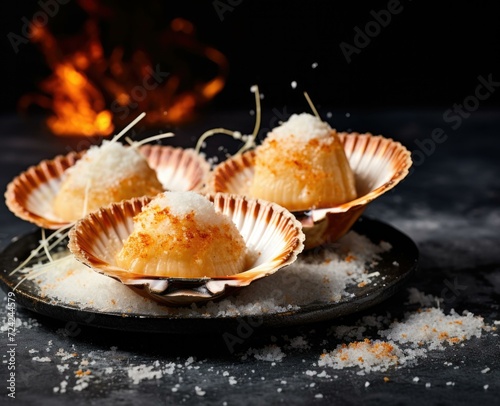 Baked scallops with creamy sauce, topped with Gruyere cheese and breadcrumbs, served on a bed of sea salt. Generative AI.