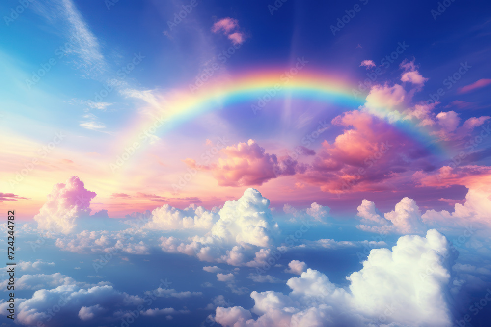 A rainbow forms after a refreshing rain, stretching across the sky in a display of color that instills wonder at the atmospheric phenomena of light and water.  Generative Ai.