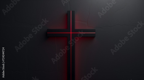 Captivating 3D black cross accentuated by a singular red beam, set against an abyss of black