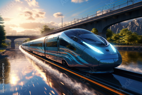 A high-speed train whizzes past, leaving a trail of motion and momentum that captivates onlookers and prompts marvel at the engineering marvels of transportation. Generative Ai.