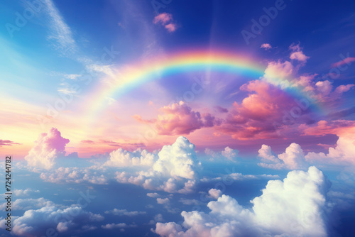 A rainbow forms after a refreshing rain  stretching across the sky in a display of color that instills wonder at the atmospheric phenomena of light and water.  Generative Ai.