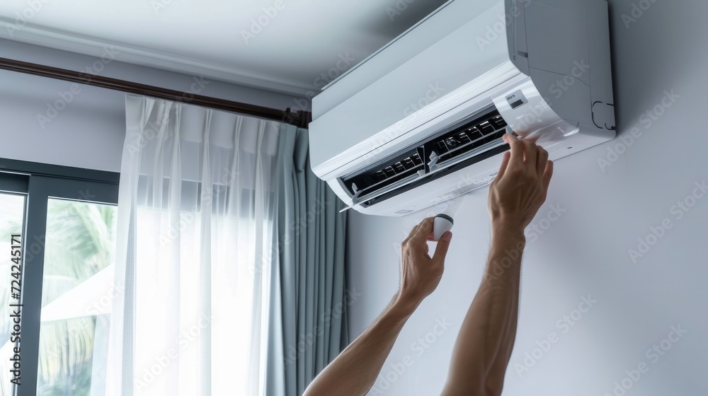 Man turning on the air conditioner