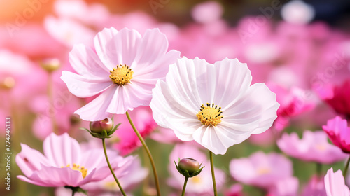 pink cosmos flowers  Cosmos flowers  Pink cosmos flower field in garden with blurry background and soft sunlight. Close up flowers blooming on softness style in spring summer under sunrise