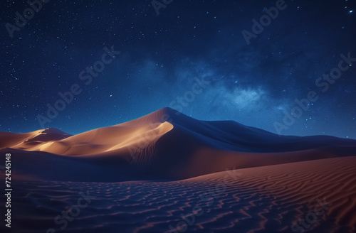 silhouette of the sand dunes, in the night sky against the white starry night