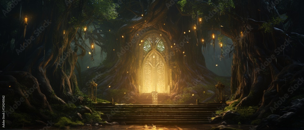 Obraz premium gate to a fantasy realm, giant living trees