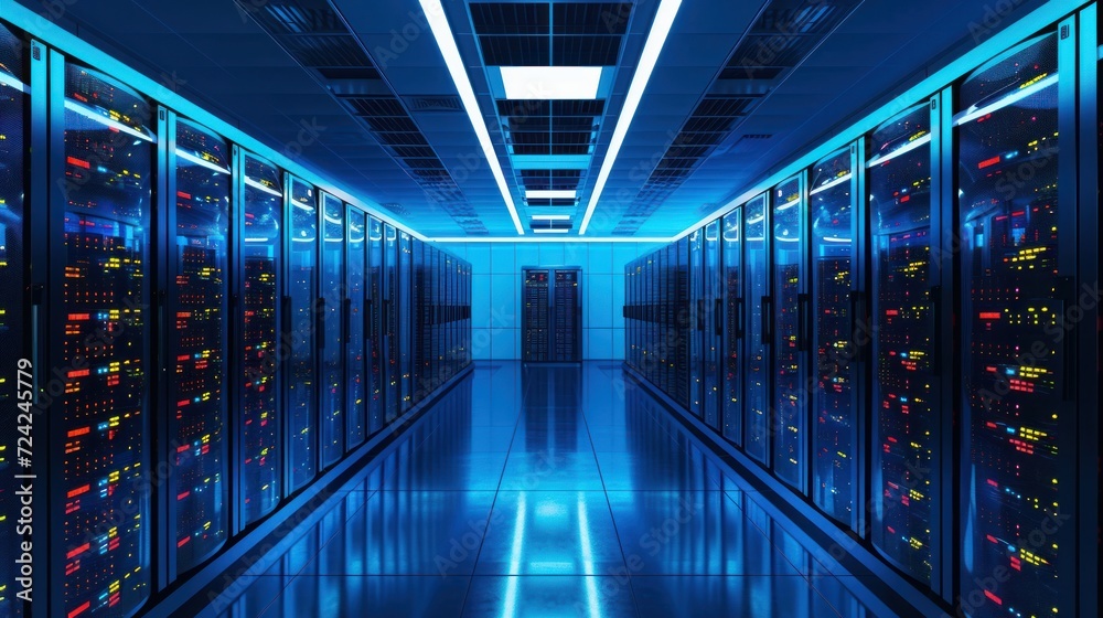 Room with rows of racks with equipment for telecom Room with rows of racks with equipment for telecom