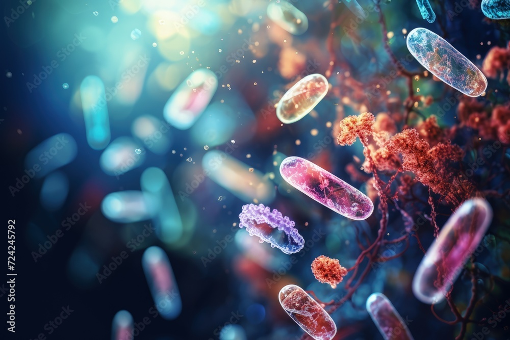 Escherichia Coli , E. Coli Bacterial Strains, Health and Food Safety microcosm, organismal and human biology science and research. - obrazy, fototapety, plakaty 