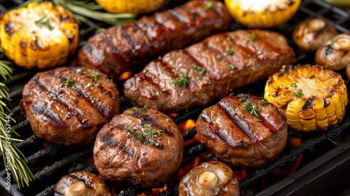 Grill With Steaks and Vegetables Cooking