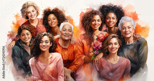 Cheerful multigenerational and multiracial women celebrating unity and feminity on women's day. Illustration in watercolor style photo