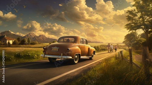 a photorealistic representation of a family in the sixties taking a drive on a beutiful country road headed for a city