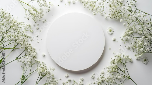 White round frame with small delicate white flowers on white background. wedding cards, bridal shower or other party invitation cards, Place for text. Flat lay, top view. photo