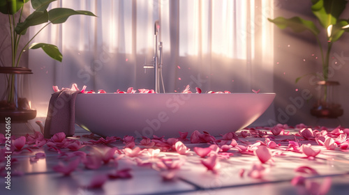 Luxury in a pristine white bathroom  where a bath adorned with rose petals sets the scene for a romantic and unforgettable experience of shared love