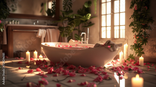 Romantic oasis as a luxurious bathtub adorned with rose petals and flickering candles awaits in a lavishly appointed bathroom, creating the perfect ambiance for a memorable Valentine's Day retreat