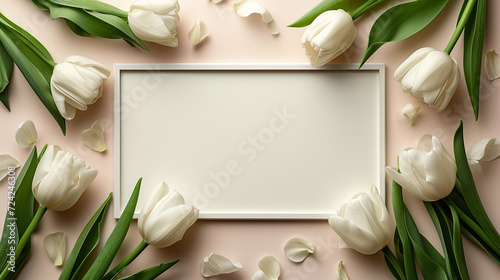 white square frame with space for text, surrounded by white tulip flowers with green petals, wedding card, parties, baby shower or mothers day greeting cards