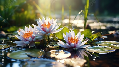 Beautiful flowers white lilies on the water. Water lilies in the swamp. Generated by artificial intelligence