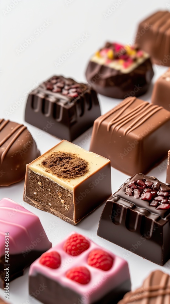 Assortment of different chocolates filled with praline and souffle and truffle. Side view. Macro shot Shot of a sweet for decoration of a store, coffee house or cafe Assortment of different chocolates filled with praline and souffle and truffle. Side view. Macro shot Shot of a sweet for decoration of a store, coffee house or cafe