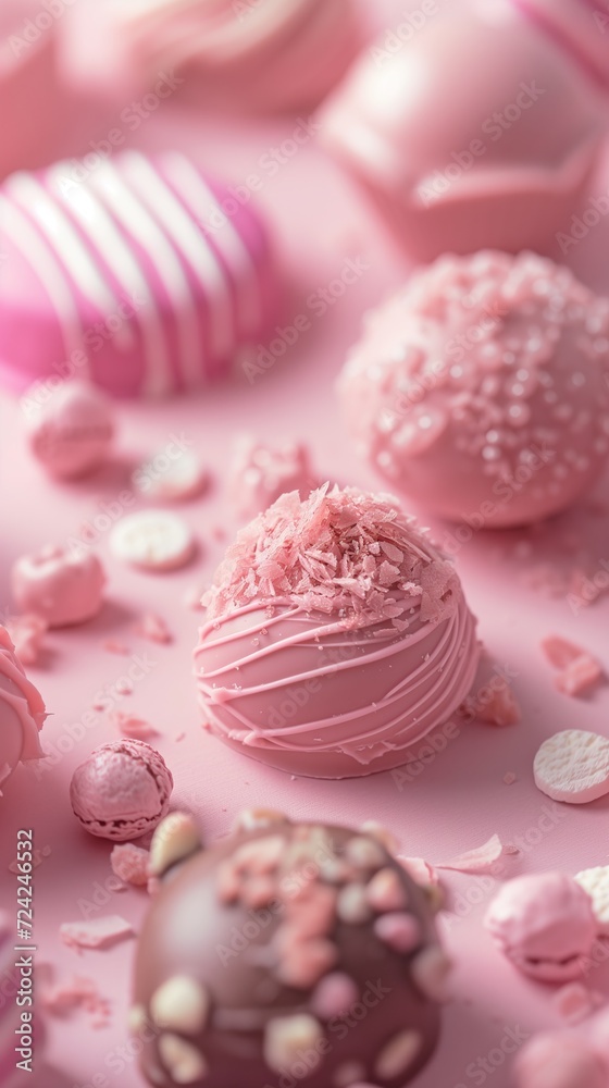 Ruby chocolate. Macro shot of bon bons chocolates pink colored with berry mousse filling. A snapshot of a sweet for decoration of a store, coffee shop or cafe Ruby chocolate. Macro shot of bon bons chocolates pink colored with berry mousse filling. A snapshot of a sweet for decoration of a store, coffee shop or cafe