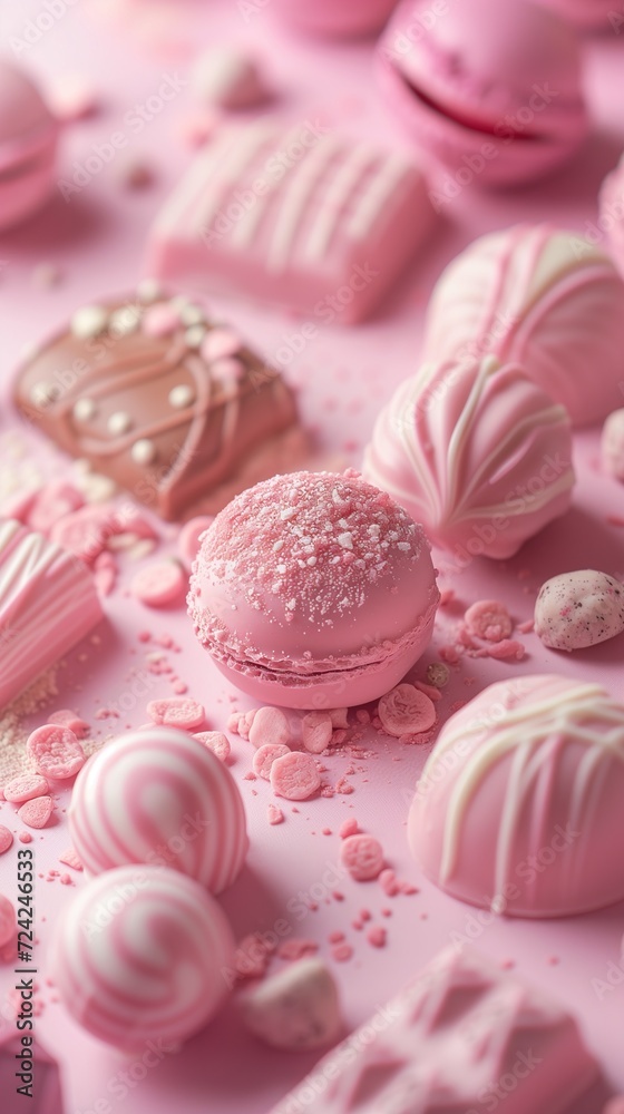 Ruby chocolate. Macro shot of bon bons chocolates pink colored with berry mousse filling. A snapshot of a sweet for decoration of a store, coffee shop or cafe Ruby chocolate. Macro shot of bon bons chocolates pink colored with berry mousse filling. A snapshot of a sweet for decoration of a store, coffee shop or cafe