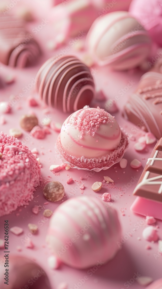 Ruby chocolate. Macro shot of bon bons chocolates pink colored with berry mousse filling. A snapshot of a sweet for decoration of a store, coffee shop or cafe