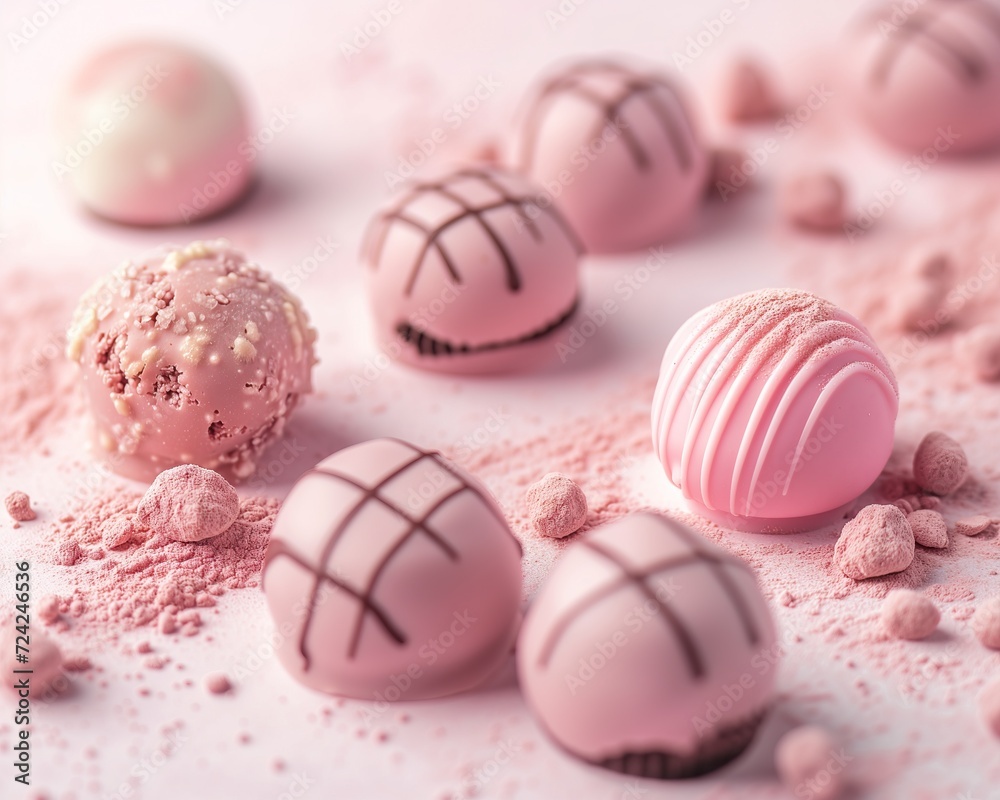 Ruby chocolate. Macro shot of bon bons chocolates pink colored with berry mousse filling. A snapshot of a sweet for decoration of a store, coffee shop or cafe Ruby chocolate. Macro shot of bon bons chocolates pink colored with berry mousse filling. A snapshot of a sweet for decoration of a store, coffee shop or cafe