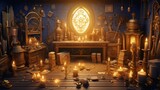 art image of a room full of gold coins, treasures and chalices