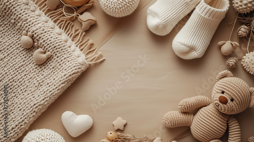 Baby shower, gender reveal, birthday party background with gift box and baby toys, baby shower or birth announcement cards, with neutral theme frame , knitted socks, toys and cute accessories