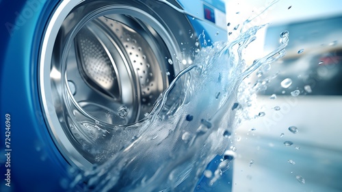 Washing machine drum with clean water flow and splashes. Laundry, washing powder concept. photo