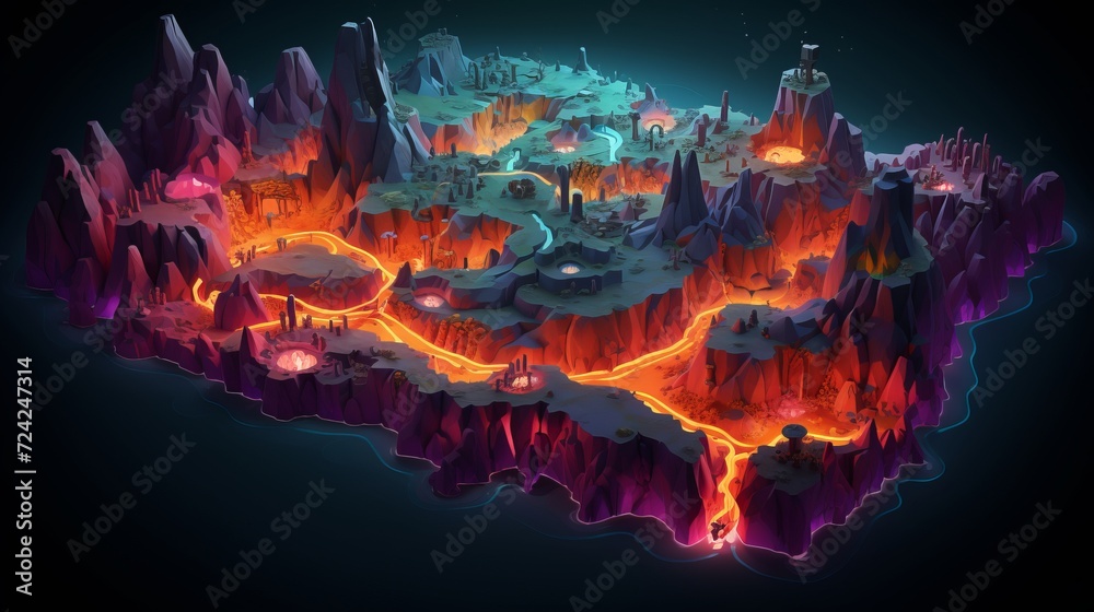tiny cute isometric art image of a map full of caves with many branches and canyons full of lava