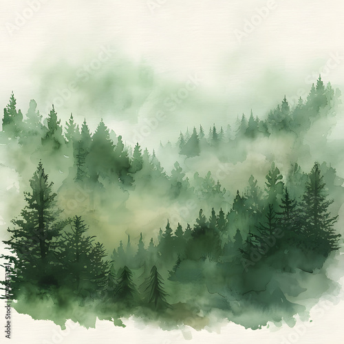 Verdant Forest Haze: Watercolor Painting of Misty Pine Landscape © diversity