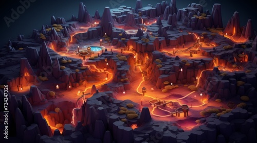 tiny cute isometric art image of a map full of caves with many branches and canyons full of lava photo