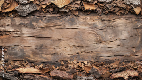 A textured border of tree bark chips with a central wooden surface.