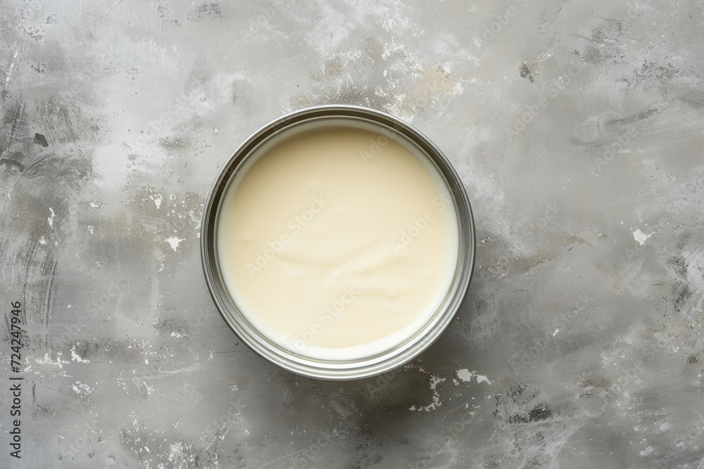 Top down view of opened tin containing condensed or evaporated milk on light concrete table Top down view of opened tin containing condensed or evaporated milk on light concrete table