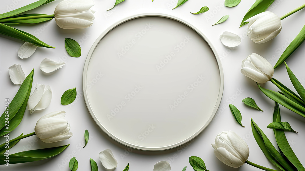 white tulips for wedding cards around the round frame with white circle for text isolated on white background - obrazy, fototapety, plakaty 