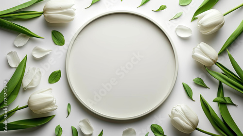 white tulips for wedding cards around the round frame with white circle for text isolated on white background