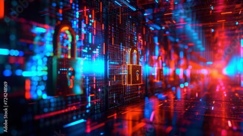A vibrant city at night, illuminated by colorful laser lights, is safeguarded behind a wall of glowing padlocks on a computer screen