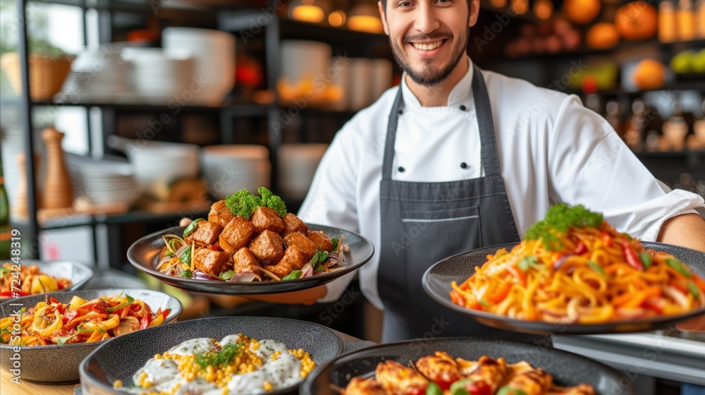 Fototapeta premium Man in Apron Holding Plates of Food