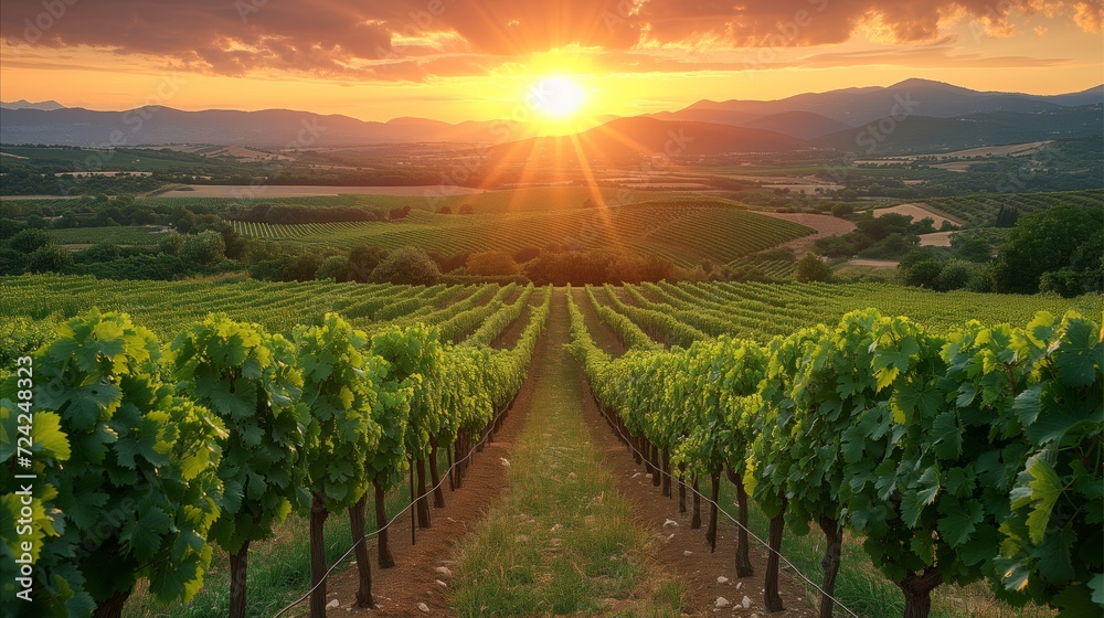 Sun Setting Over Vineyard, Casting Warm Glow on Grapes