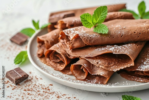 Tasty breakfast with chocolate crepes and fresh mint on a white plate Close up