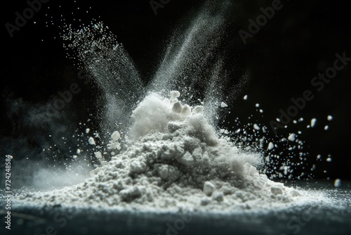 Tapioca starch falls as white powder seasoning flour is an elemental material Eyeshadow crush on black background with selective blur