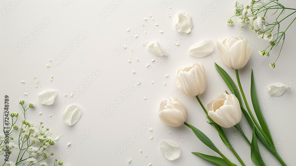 wedding greeting card with copy space in the center of the frame, surrounded by cream-colored tulips , mothers day, Tulip flower on white background, copy space for your text in center wedding greeting card with copy space in the center of the frame, surrounded by cream-colored tulips , mothers day, Tulip flower on white background, copy space for your text in center