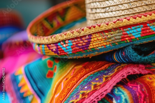 Vintage sombrero hat with vibrant colors captured in a close up photo while focusing on distinctive details