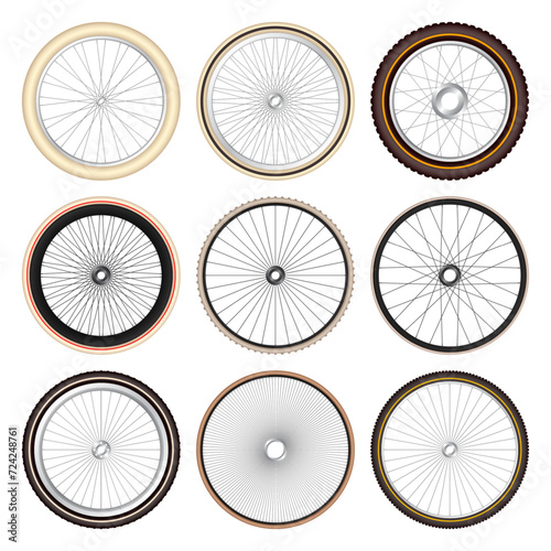 Realistic 3d retro bicycle wheels. Vintage bike rubber tyres, shiny metal spokes and rims. Fitness cycle, touring, sport, road and mountain bike. Vector illustration