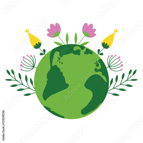 Green earth with flowers. Nature conservation  caring for the planet.  Earth day card  vector illustration.