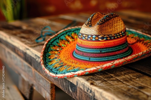 Mariachi hat a typical Mexican sombrero on a wooden table photo