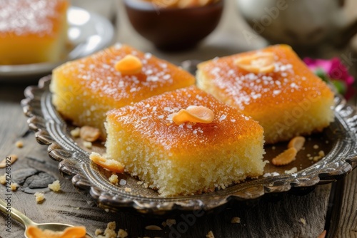 Basbousa or semolina cake with condensed milk on a wooden background