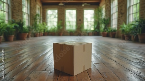 Cardboard Box Resting on Wooden Floor photo
