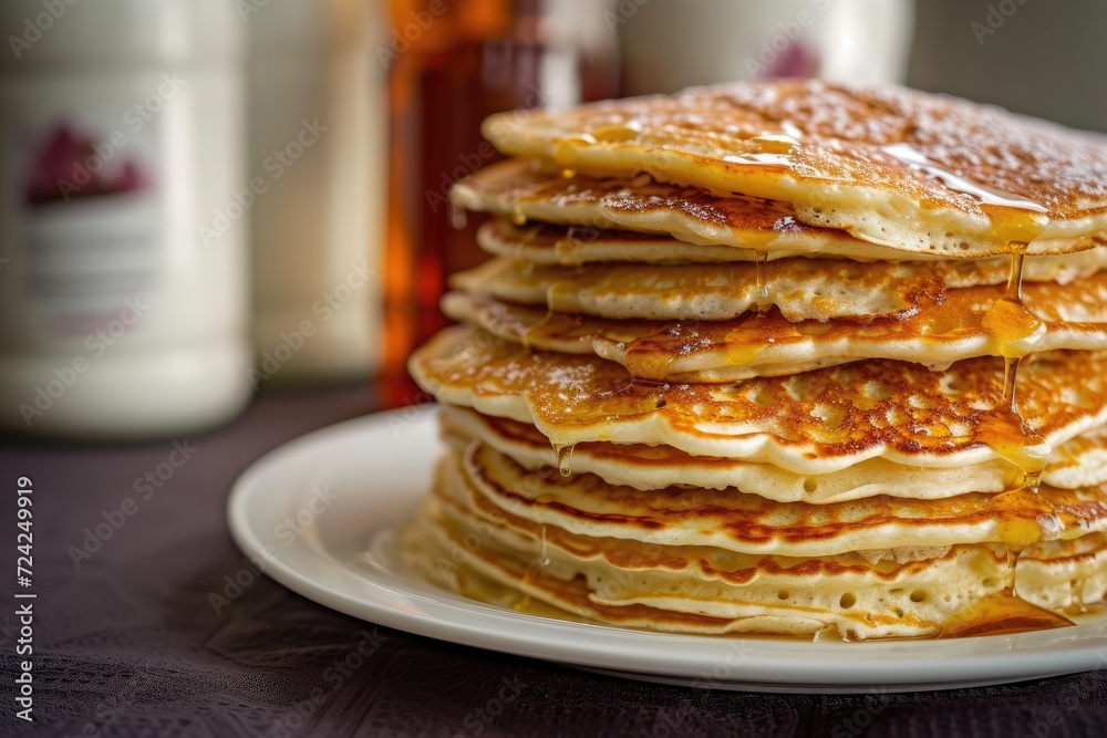 Pancakes topped with condensed milk on a plate Pancakes topped with condensed milk on a plate