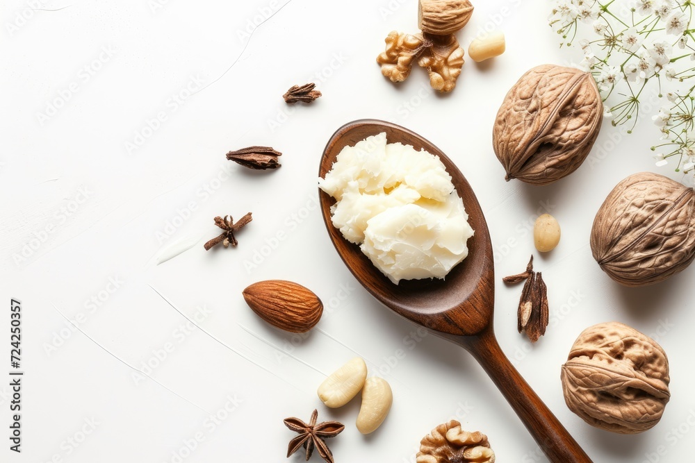 White background with shea butter and nut covered spoon White background with shea butter and nut covered spoon