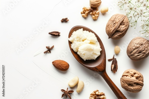 White background with shea butter and nut covered spoon