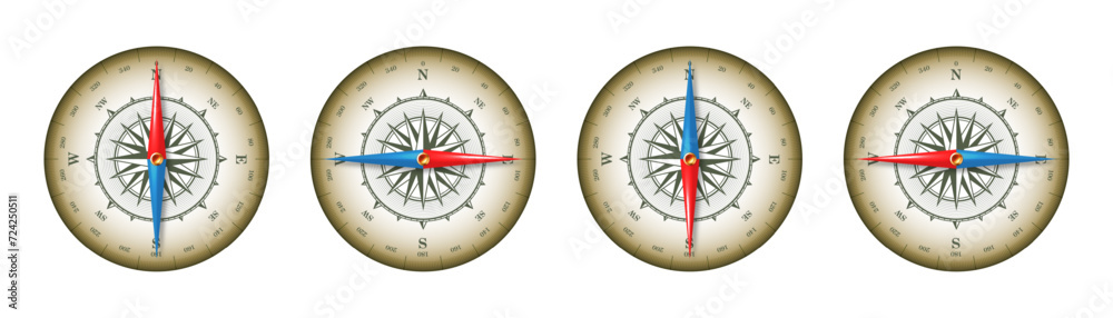 Marine compass, nautical wind rose with cardinal directions of North, East, South, West and degree markings. Geographical position and orientation, cartography and navigation. Vector illustration Marine compass, nautical wind rose with cardinal directions of North, East, South, West and degree markings. Geographical position and orientation, cartography and navigation. Vector illustration